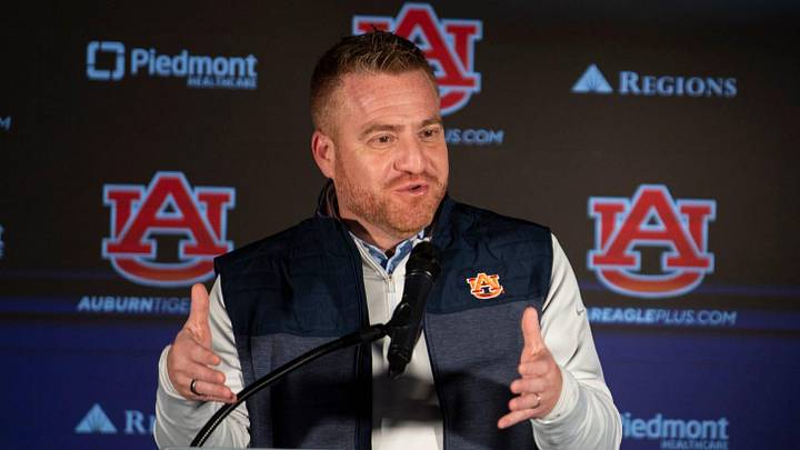 Auburn Tigers football head coach Alex Golesh speaks during a press conference at Woltosz Performance Center in Auburn, Ala. on Monday, Dec. 8, 2025.