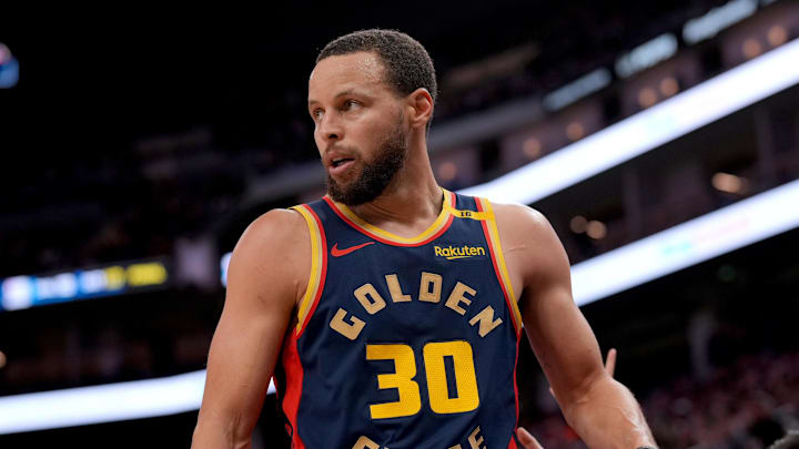 Jan 31, 2025; San Francisco, California, USA; Golden State Warriors guard Stephen Curry (30) reacts after being fouled against the Phoenix Suns in the fourth quarter at the Chase Center. Mandatory Credit: Cary Edmondson-Imagn Images Jan 31, 2025; San Francisco, California, USA; Golden State Warriors guard Stephen Curry (30) reacts after being fouled against the Phoenix Suns in the fourth quarter at the Chase Center. Mandatory Credit: Cary Edmondson-Imagn Images