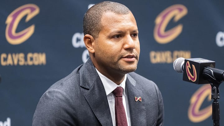 Oct 2, 2023; Cleveland, OH, USA;  Cleveland Cavaliers general manager Koby Altman talks to the media during media day at Rocket Mortgage FieldHouse. Mandatory Credit: Ken Blaze-Imagn Images