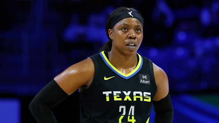 Aug 10, 2025; Arlington, Texas, USA; Dallas Wings guard Arike Ogunbowale (24) reacts against the Washington Mystics during the second half at College Park Center. Mandatory Credit: Chris Jones-Imagn Images