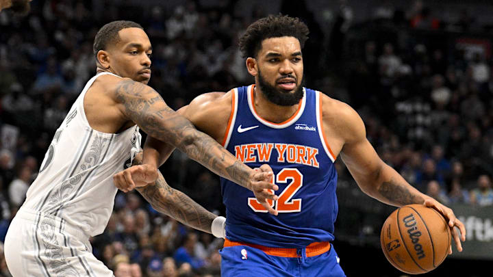 Nov 27, 2024; Dallas, Texas, USA; Dallas Mavericks forward P.J. Washington (25) and New York Knicks center Karl-Anthony Towns (32) in action during the game between the Dallas Mavericks and the New York Knicks at the American Airlines Center. Mandatory Credit: Jerome Miron-Imagn Images Nov 27, 2024; Dallas, Texas, USA; Dallas Mavericks forward P.J. Washington (25) and New York Knicks center Karl-Anthony Towns (32) in action during the game between the Dallas Mavericks and the New York Knicks at the American Airlines Center. Mandatory Credit: Jerome Miron-Imagn Images
