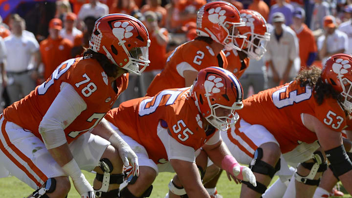 Oct 19, 2024; Clemson, South Carolina, USA; Clemson Tigers offensive lineman Blake Miller (78) lines up against the Virginia Cavaliers at Memorial Stadium. Oct 19, 2024; Clemson, South Carolina, USA; Clemson Tigers offensive lineman Blake Miller (78) lines up against the Virginia Cavaliers at Memorial Stadium.