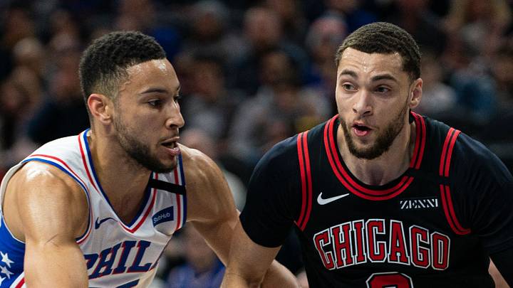 Feb 9, 2020; Philadelphia, Pennsylvania, USA; Chicago Bulls guard Zach LaVine (8) dribbles the ball against Philadelphia 76ers guard Ben Simmons (25) during the first quarter at Wells Fargo Center. Mandatory Credit: Bill Streicher-USA TODAY Sports