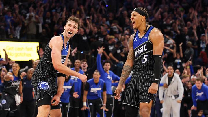 Apr 25, 2026; Orlando, Florida, USA; Orlando Magic forward Franz Wagner (22) reacts to a shot by forward Paolo Banchero (5) against the Detroit Pistons in the fourth quarter during game three of the first round of the 2026 NBA Playoffs at Kia Center. Mandatory Credit: Nathan Ray Seebeck-Imagn Images Apr 25, 2026; Orlando, Florida, USA; Orlando Magic forward Franz Wagner (22) reacts to a shot by forward Paolo Banchero (5) against the Detroit Pistons in the fourth quarter during game three of the first round of the 2026 NBA Playoffs at Kia Center. Mandatory Credit: Nathan Ray Seebeck-Imagn Images