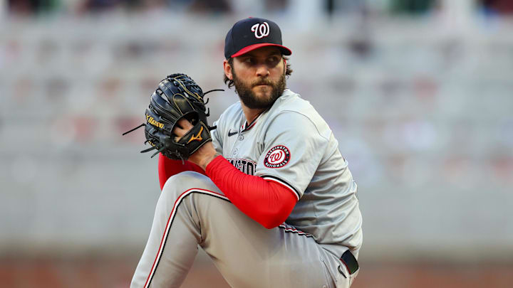 May 30, 2024; Atlanta, Georgia, USA; Washington Nationals starting pitcher Trevor Williams (32) throws against the Atlanta Braves in the third inning at Truist Park. 