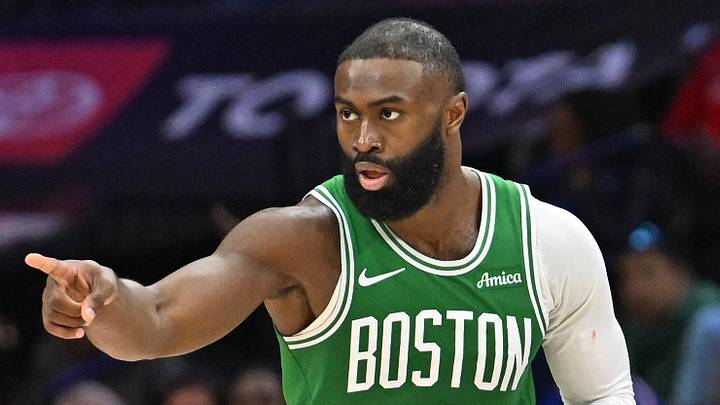 Apr 26, 2026; Philadelphia, Pennsylvania, USA; Boston Celtics guard Jaylen Brown (7) reacts after making a three point basket against the Philadelphia 76ers during the second half at Xfinity Mobile Arena. Mandatory Credit: Eric Hartline-Imagn Images