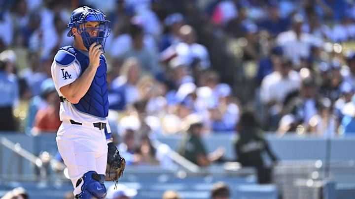Dodgers catcher Will Smith (16) at home plate against the San Diego Padres during the eighth inning at Dodger Stadium on Aug. 16.