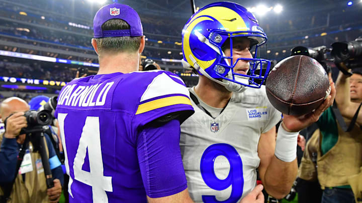 Oct 24, 2024; Inglewood, California, USA; Minnesota Vikings quarterback Sam Darnold (14) meets with Los Angeles Rams quarterback Matthew Stafford (9) following the game at SoFi Stadium. Mandatory Credit: Gary A. Vasquez-Imagn Images Oct 24, 2024; Inglewood, California, USA; Minnesota Vikings quarterback Sam Darnold (14) meets with Los Angeles Rams quarterback Matthew Stafford (9) following the game at SoFi Stadium. Mandatory Credit: Gary A. Vasquez-Imagn Images