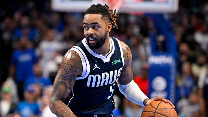 Nov 14, 2025; Dallas, Texas, USA; Dallas Mavericks guard D'Angelo Russell (5) brings the ball up court against the LA Clippers during the second half in an NBA Cup game at the American Airlines Center. Mandatory Credit: Jerome Miron-Imagn Images