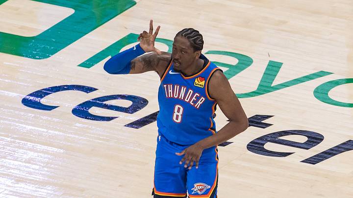 May 18, 2026; Oklahoma City, Oklahoma, USA; Oklahoma City Thunder forward Jalen Williams (8) reacts in double overtime against the San Antonio Spurs during game one of the western conference finals for the 2026 NBA playoffs at Paycom Center. Mandatory Credit: Brett Rojo-Imagn Images
