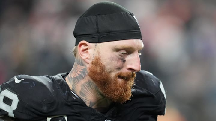 Dec 7, 2025; Paradise, Nevada, USA;  Las Vegas Raiders defensive end Maxx Crosby (98) leaves the field following a game against the Denver Broncos at Allegiant Stadium. Mandatory Credit: Stephen R. Sylvanie-Imagn Images