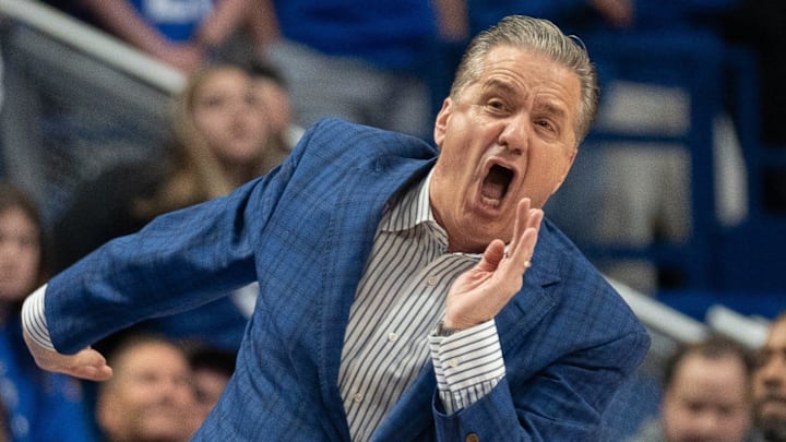 Kentucky Wildcats coach John Calipari yells to the team during their game against the Arkansas Razorbacks at Rupp Arena in Lexington, Ky. Kentucky Wildcats coach John Calipari yells to the team during their game against the Arkansas Razorbacks at Rupp Arena in Lexington, Ky.