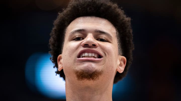 Florida guard Walter Clayton Jr. (1) gives the Tennessee student section some attitude after salting away the championship game of the SEC Men's Basketball Tournament at Bridgestone Arena in Nashville, Tenn., Sunday, March 16, 2025.