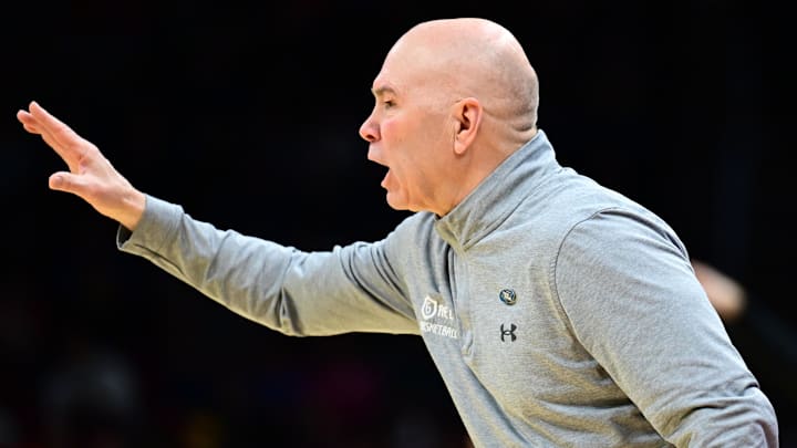 Mar 21, 2025; Cleveland, OH, USA; St. Mary's Gaels head coach Randy Bennett reacts in the first half against the Vanderbilt Commodores at Rocket Arena. Mandatory Credit: Ken Blaze-Imagn Images