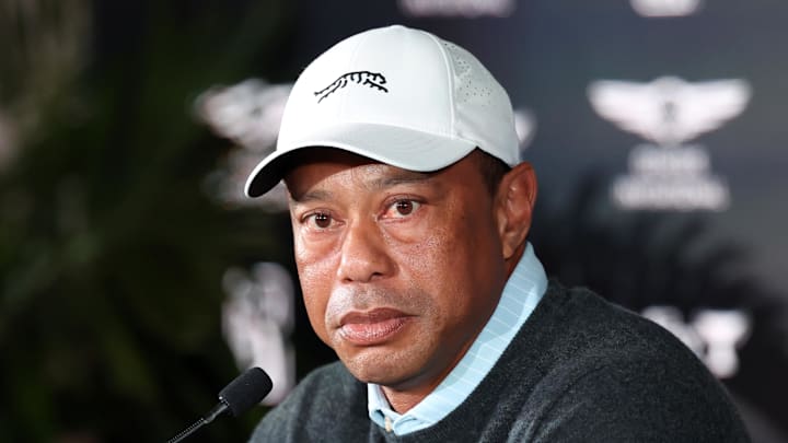 Tiger Woods speaks to the media
