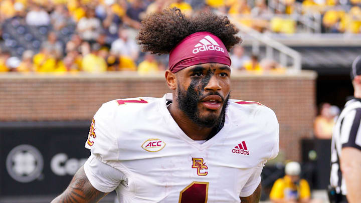 Sep 14, 2024; Columbia, Missouri, USA; Boston College Eagles quarterback Thomas Castellanos (1) returns to the sidelines after a score against the Missouri Tigers during the first half at Faurot Field at Memorial Stadium. Mandatory Credit: Denny Medley-Imagn Images