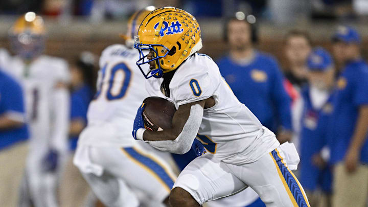 Nov 2, 2024; Dallas, Texas, USA; Pittsburgh Panthers running back Desmond Reid (0) in action during the game between the Southern Methodist Mustangs and the Pittsburgh Panthers at Gerald J. Ford Stadium. Mandatory Credit: Jerome Miron-Imagn Images
