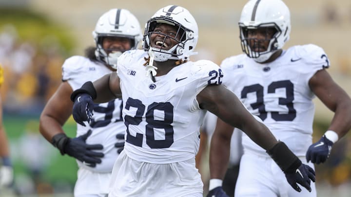 Penn State Nittany Lions defensive tackle Zane Durant (28) celebrates after a stop during the third quarter against the West Virginia Mountaineers at Mountaineer Field at Milan Puskar Stadium.