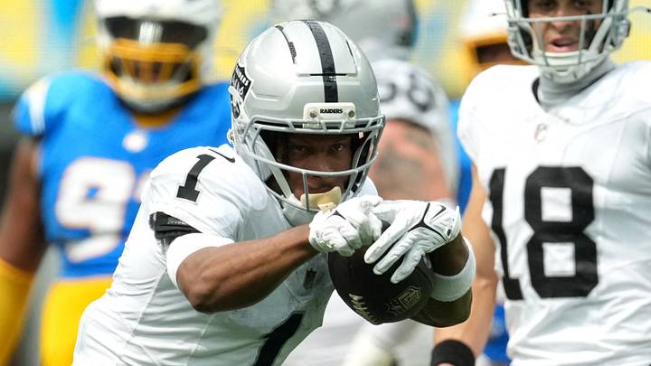Sep 20, 2026; Inglewood, California, USA; Las Vegas Raiders wide receiver Tre Tucker (1) celebrates after a first down against the Los Angeles Chargers during the first half at SoFi Stadium. Mandatory Credit: Kirby Lee-Imagn Images Sep 20, 2026; Inglewood, California, USA; Las Vegas Raiders wide receiver Tre Tucker (1) celebrates after a first down against the Los Angeles Chargers during the first half at SoFi Stadium. Mandatory Credit: Kirby Lee-Imagn Images