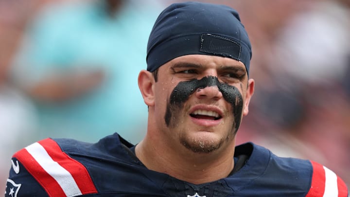 Nov 9, 2025; Tampa, Florida, USA; New England Patriots offensive tackle Will Campbell (66) warms up before a game against the Tampa Bay Buccaneers at Raymond James Stadium. Mandatory Credit: Nathan Ray Seebeck-Imagn Images