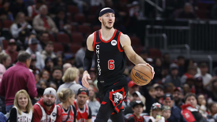 Apr 1, 2024; Chicago, Illinois, USA; Chicago Bulls guard Alex Caruso (6) drives to the basket against the Atlanta Hawks during the first half at United Center. Mandatory Credit: Kamil Krzaczynski-USA TODAY Sports Apr 1, 2024; Chicago, Illinois, USA; Chicago Bulls guard Alex Caruso (6) drives to the basket against the Atlanta Hawks during the first half at United Center. Mandatory Credit: Kamil Krzaczynski-USA TODAY Sports