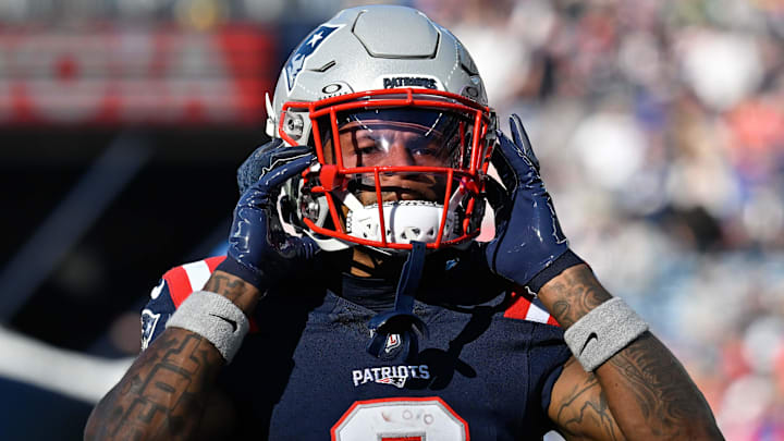 Nov 17, 2024; Foxborough, Massachusetts, USA; New England Patriots wide receiver DeMario Douglas (3) before the start of a game against the Los Angeles Rams at Gillette Stadium. Mandatory Credit: Eric Canha-Imagn Images