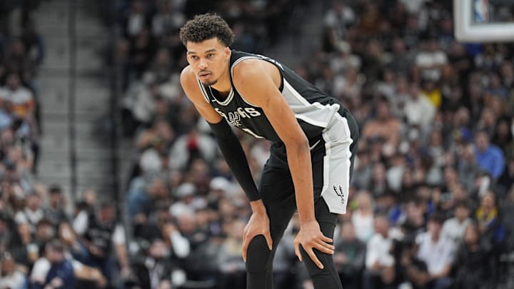 Nov 23, 2024; San Antonio, Texas, USA; San Antonio Spurs center Victor Wembanyama (1) in the second half against the Golden State Warriors at Frost Bank Center.