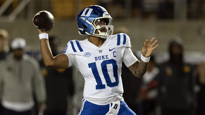 Oct 4, 2025; Berkeley, California, USA; Duke Blue Devils quarterback Darian Mensah (10) throws a pass against the California Golden Bears during the second quarter at California Memorial Stadium. Mandatory Credit: D. Ross Cameron-Imagn Images 