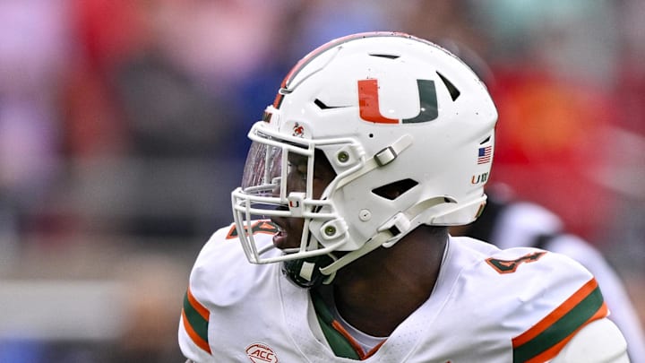 Miami Hurricanes defensive lineman Rueben Bain Jr. drops into position during the game. Miami Hurricanes defensive lineman Rueben Bain Jr. drops into position during the game.