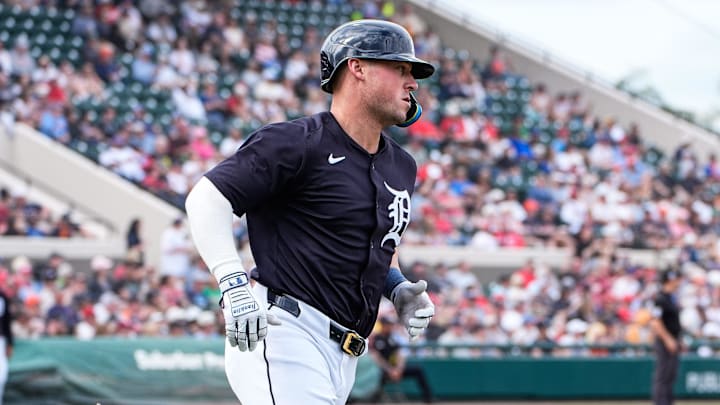 Detroit Tigers infielder Spencer Torkelson runs towards first base after batting the single against Philadelphia Phillies during a Grapefruit League game at Joker Marchant Stadium in Lakeland, Fla. on Saturday, Feb. 22, 2025. Detroit Tigers infielder Spencer Torkelson runs towards first base after batting the single against Philadelphia Phillies during a Grapefruit League game at Joker Marchant Stadium in Lakeland, Fla. on Saturday, Feb. 22, 2025.