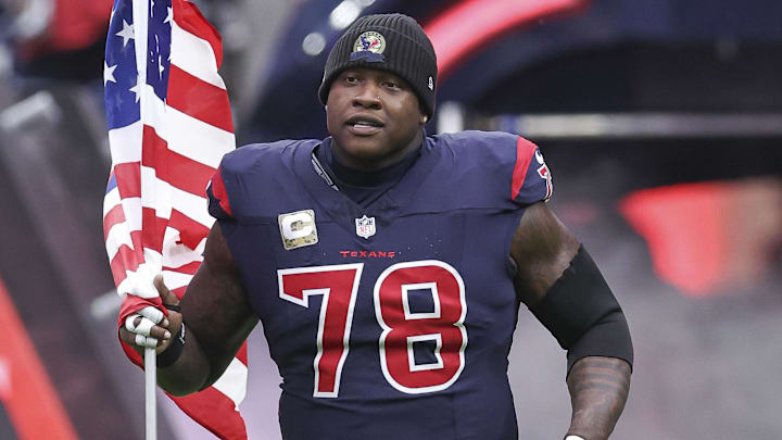 Nov 19, 2023; Houston, Texas, USA; Houston Texans offensive tackle Laremy Tunsil (78) runs onto the field before the game against the Arizona Cardinals at NRG Stadium. Mandatory Credit: Troy Taormina-Imagn Images