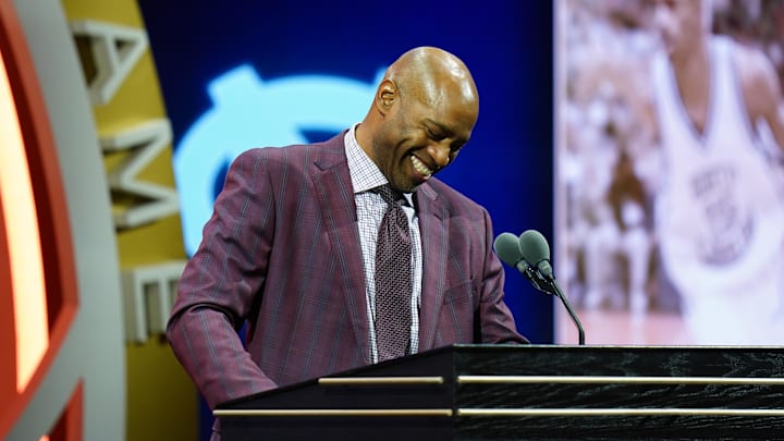 Class of 2024 inductee Vince Carter speaks during the Naismith Memorial Basketball Hall of Fame Enshrinement at Symphony Hall Springfield. Class of 2024 inductee Vince Carter speaks during the Naismith Memorial Basketball Hall of Fame Enshrinement at Symphony Hall Springfield.