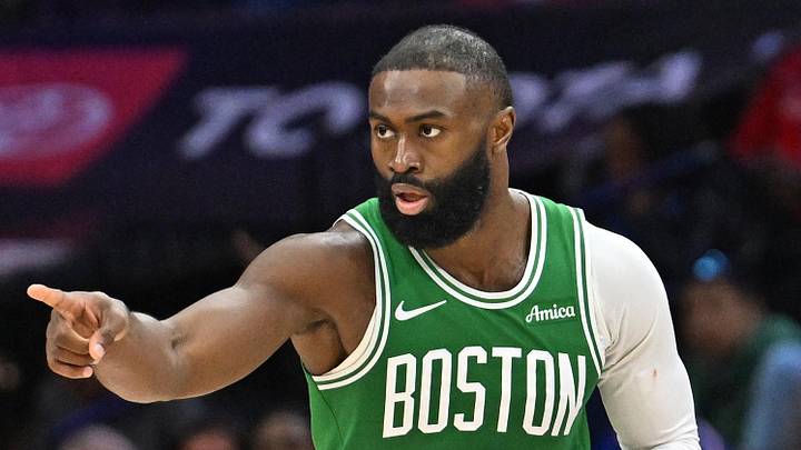 Apr 26, 2026; Philadelphia, Pennsylvania, USA; Boston Celtics guard Jaylen Brown (7) reacts after making a three point basket against the Philadelphia 76ers during the second half at Xfinity Mobile Arena. Mandatory Credit: Eric Hartline-Imagn Images