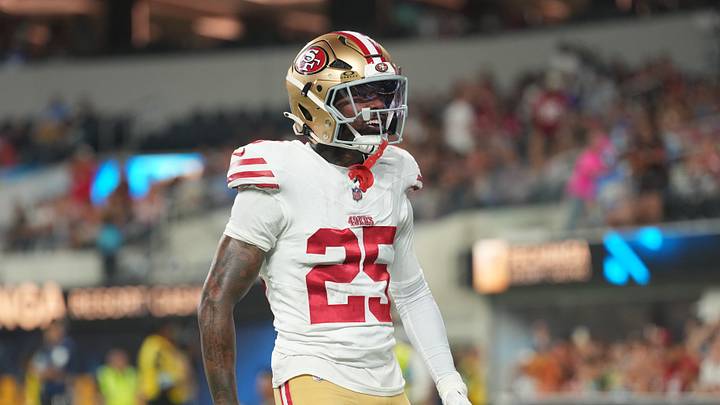 Inglewood, California, USA; San Francisco 49ers cornerback Jack Jones (25) reacts in the second half against the Los Angeles Chargers at SoFi Stadium. Mandatory Credit: Kirby Lee-Imagn Images