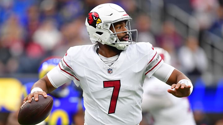 Jan 4, 2026; Inglewood, California, USA;  Arizona Cardinals quarterback Jacoby Brissett (7) looks to throw downfield against the Los Angeles Rams during the first half at SoFi Stadium. Mandatory Credit: Gary A. Vasquez-Imagn Images
