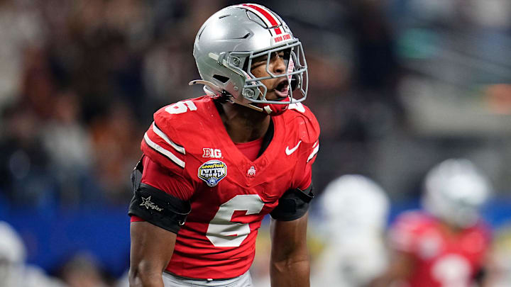 Ohio State Buckeyes safety Sonny Styles (6) celebrates a defensive stop during the first half of the Cotton Bowl Classic College Football Playoff semifinal game against the Texas Longhorns at AT&T Stadium in Arlington, Texas on Jan. 10, 2025.