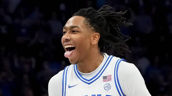 Mar 14, 2026; Charlotte, NC, USA; Duke Blue Devils guard Isaiah Evans (3) celebrates after a play against the Virginia Cavaliers during the men's ACC Conference Tournament Championship at Spectrum Center. Mandatory Credit: Bob Donnan-Imagn Images