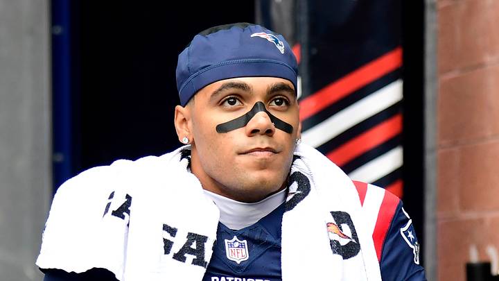 New England Patriots cornerback Christian Gonzalez (0) looks on