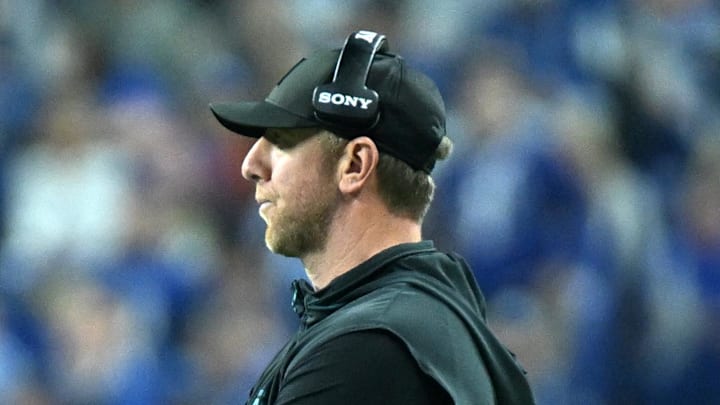 Dec 28, 2025; Indianapolis, Indiana, USA; Jacksonville Jaguars head coach Liam Coen during the second half against the Indianapolis Colts at Lucas Oil Stadium. Mandatory Credit: Robert Goddin-Imagn Images