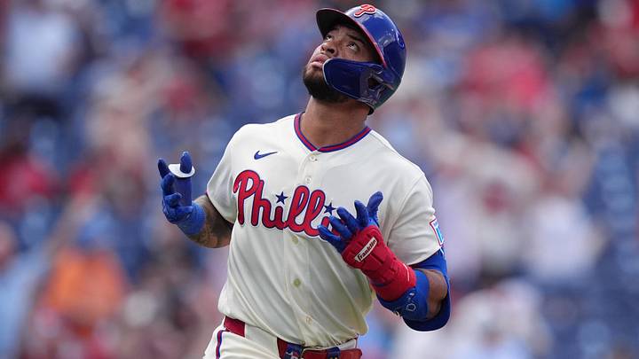 May 20, 2026; Philadelphia, Pennsylvania, USA; Philadelphia Phillies infielder Edmundo Sosa (33) reacts after hitting a two-run home run against the Cincinnati Reds in the sixth inning at Citizens Bank Park.