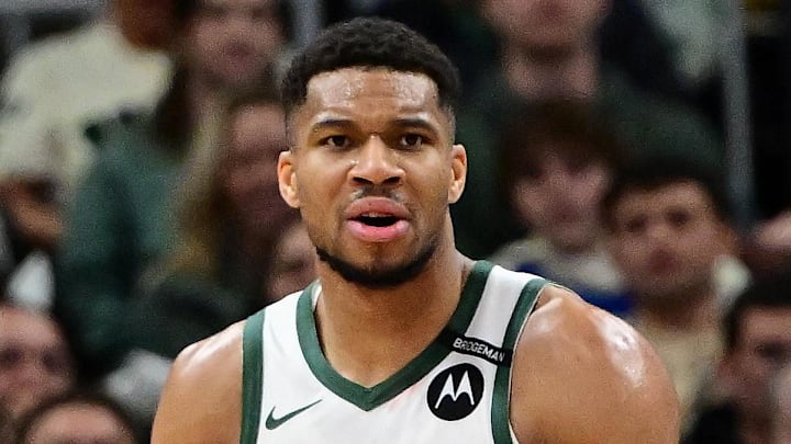 Milwaukee Bucks forward Giannis Antetokounmpo (34) reacts in the third quarter against the Los Angeles Lakers at Fiserv Forum on March 13, 2025.