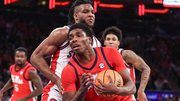 Ole Miss Rebels forward Malik Dia (0) looks to post up against St. John's Red Storm forward Zuby Ejiofor (24) in the first half at Madison Square Garden in New York.