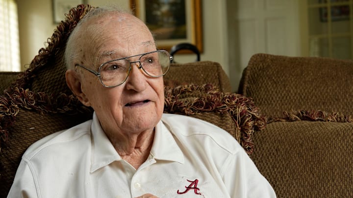 May 28, 2025; Tuscaloosa, AL, USA; Eddie Conyers, 97, has a long relationship with Alabama football and officiated at practices for the Crimson Tide for decades.
