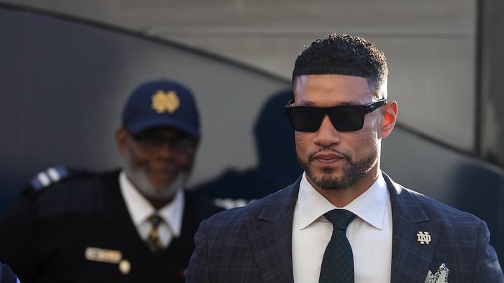 Jan 20, 2025; Atlanta, GA, USA; Notre Dame Fighting Irish head coach Marcus Freeman arrives prior to the game against the Ohio State Buckeyes in the CFP National Championship college football game at Mercedes-Benz Stadium. 