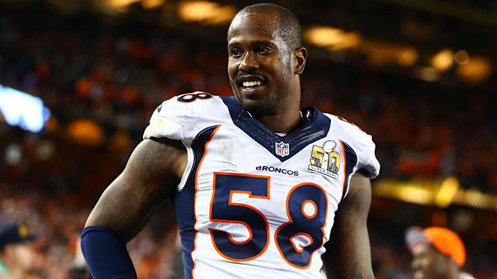 Feb 7, 2016; Santa Clara, CA, USA; Denver Broncos linebacker Von Miller (58) against the Carolina Panthers in Super Bowl 50 at Levi's Stadium. 