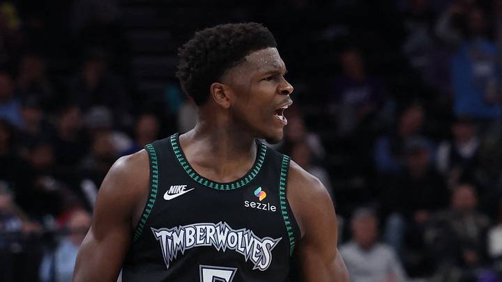 Nov 10, 2025; Salt Lake City, Utah, USA; Minnesota Timberwolves guard Anthony Edwards (5) reacts to a play against the Utah Jazz during the second half at Delta Center. Mandatory Credit: Rob Gray-Imagn Images