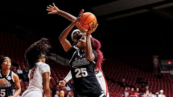 Mississippi State's Favour Nwaedozi tries to make a basket against No. 23 Alabama during Sunday's game.