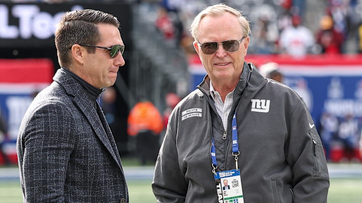 Nov 24, 2024; East Rutherford, New Jersey, USA; New York Giants owner John Mara, left, and New York Giants general manager Joe Schoen on the field before the game between the Giants and the Tampa Bay Buccaneers at MetLife Stadium. Mandatory Credit: Vincent Carchietta-Imagn Images Nov 24, 2024; East Rutherford, New Jersey, USA; New York Giants owner John Mara, left, and New York Giants general manager Joe Schoen on the field before the game between the Giants and the Tampa Bay Buccaneers at MetLife Stadium. Mandatory Credit: Vincent Carchietta-Imagn Images