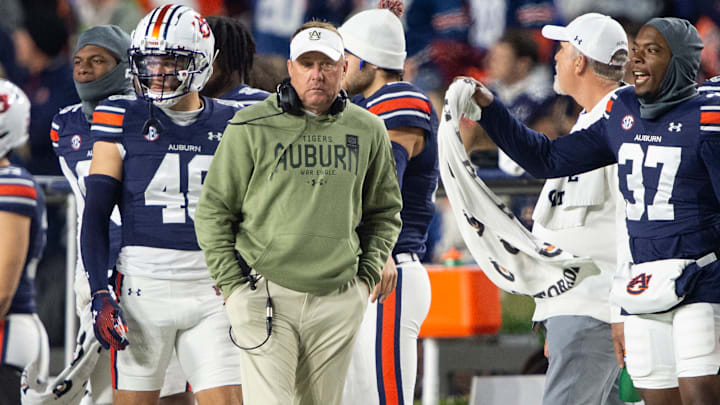 Head coach Hugh Freeze of the Auburn Tigers during their game against the Texas A&M Aggies at Jordan-Hare Stadium on November 23, 2024 in Auburn, Alabama.