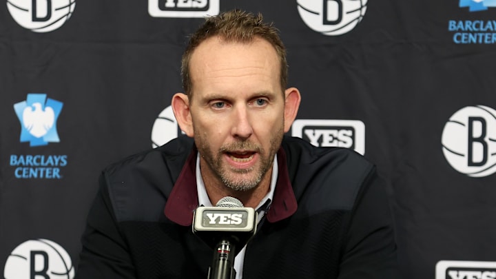 Nov 9, 2022; Brooklyn, New York, USA; Brooklyn Nets general manager Sean Marks speaks during a press conference before a game against the New York Knicks at Barclays Center. Mandatory Credit: Brad Penner-Imagn Images